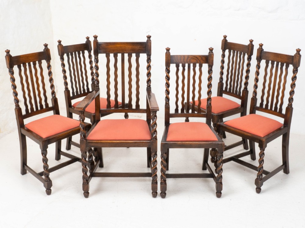 Oak Set of 6 Barley Twist Dining Chairs & Carver Denby & Spinks Leeds C1930 Jacobean Revival View VII