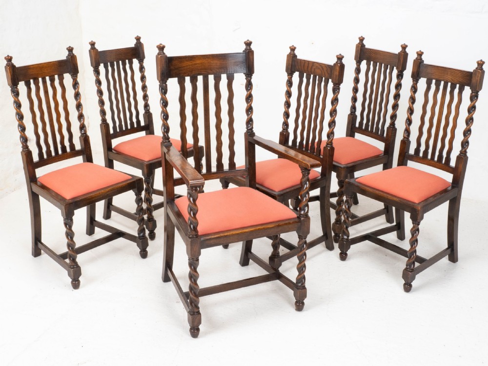 Oak Set of 6 Barley Twist Dining Chairs & Carver Denby & Spinks Leeds C1930 Jacobean Revival View VIII