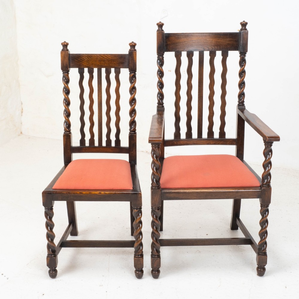 Oak Set of 6 Barley Twist Dining Chairs & Carver Denby & Spinks Leeds C1930 Jacobean Revival View IX