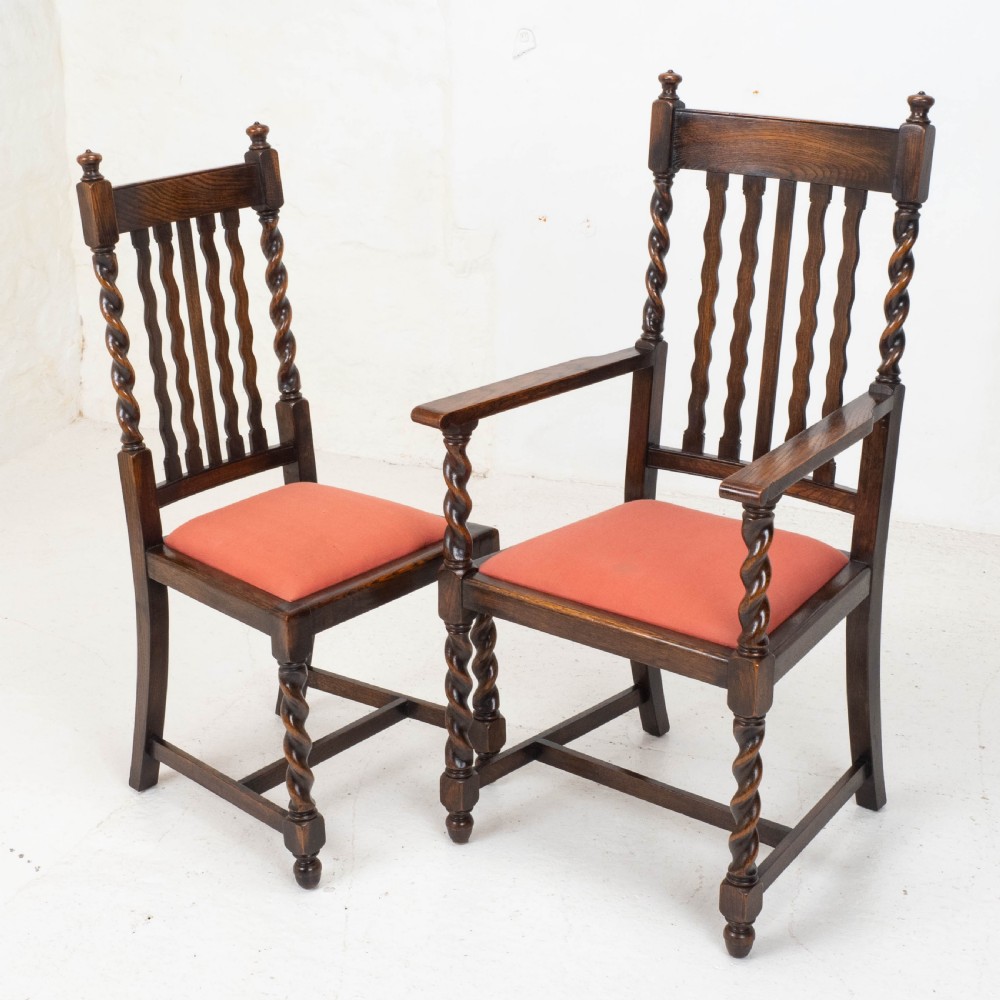 Oak Set of 6 Barley Twist Dining Chairs & Carver Denby & Spinks Leeds C1930 Jacobean Revival View X
