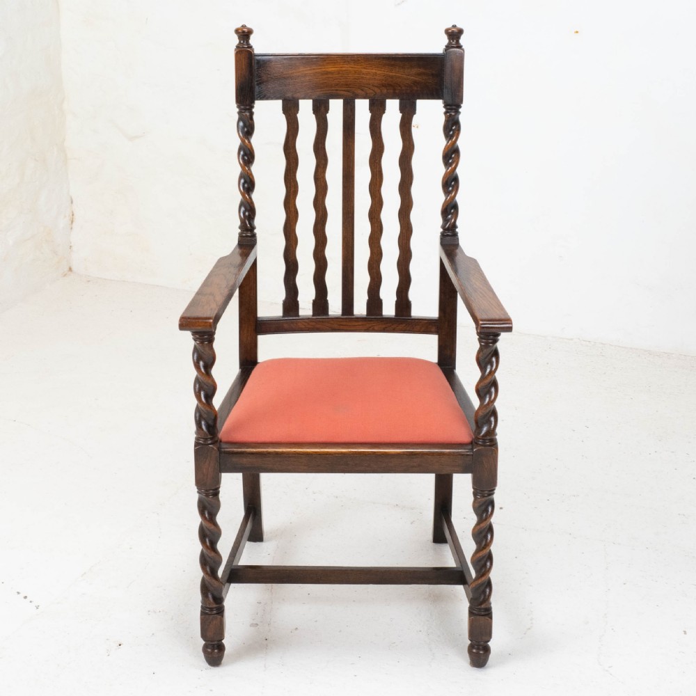 Oak Set of 6 Barley Twist Dining Chairs & Carver Denby & Spinks Leeds C1930 Jacobean Revival View XII