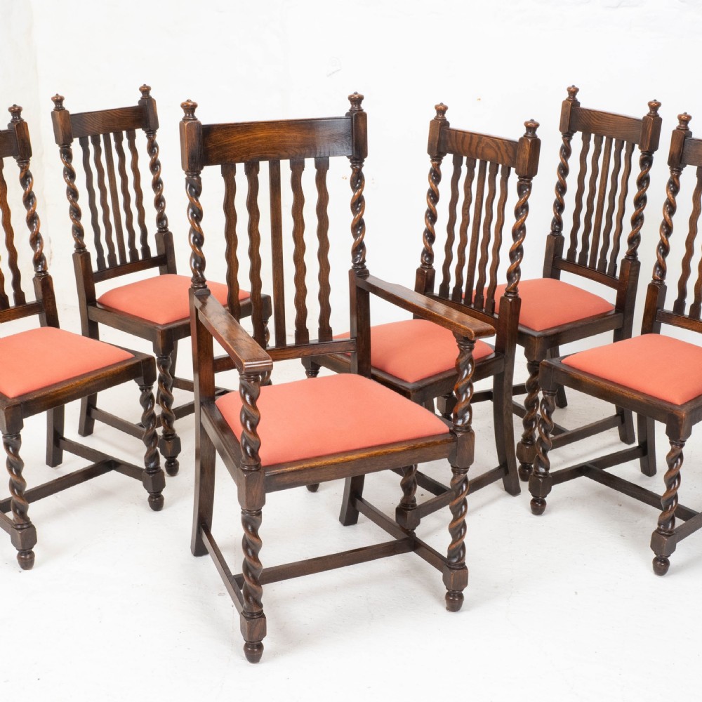 Oak Set of 6 Barley Twist Dining Chairs & Carver Denby & Spinks Leeds C1930 Jacobean Revival View XVIII