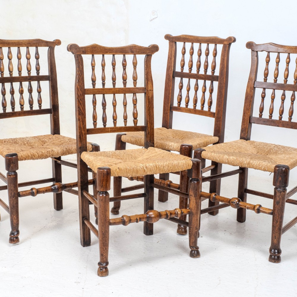 C19th Harlequin Set of 4 Lancashire Country Dining Chairs (Farmhouse Oak Elm Ash)
