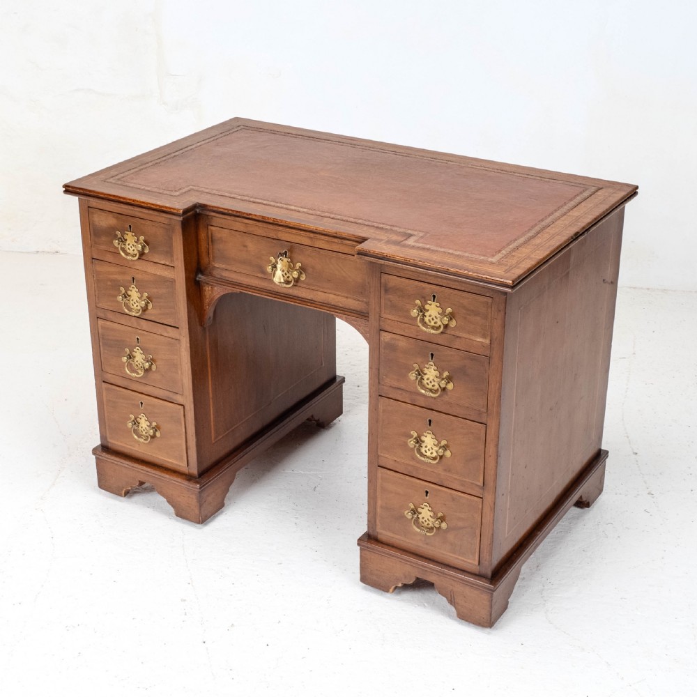 Edwardian Small Inverted Breakfront Mahogany Inlaid Leather Writing Desk C1905