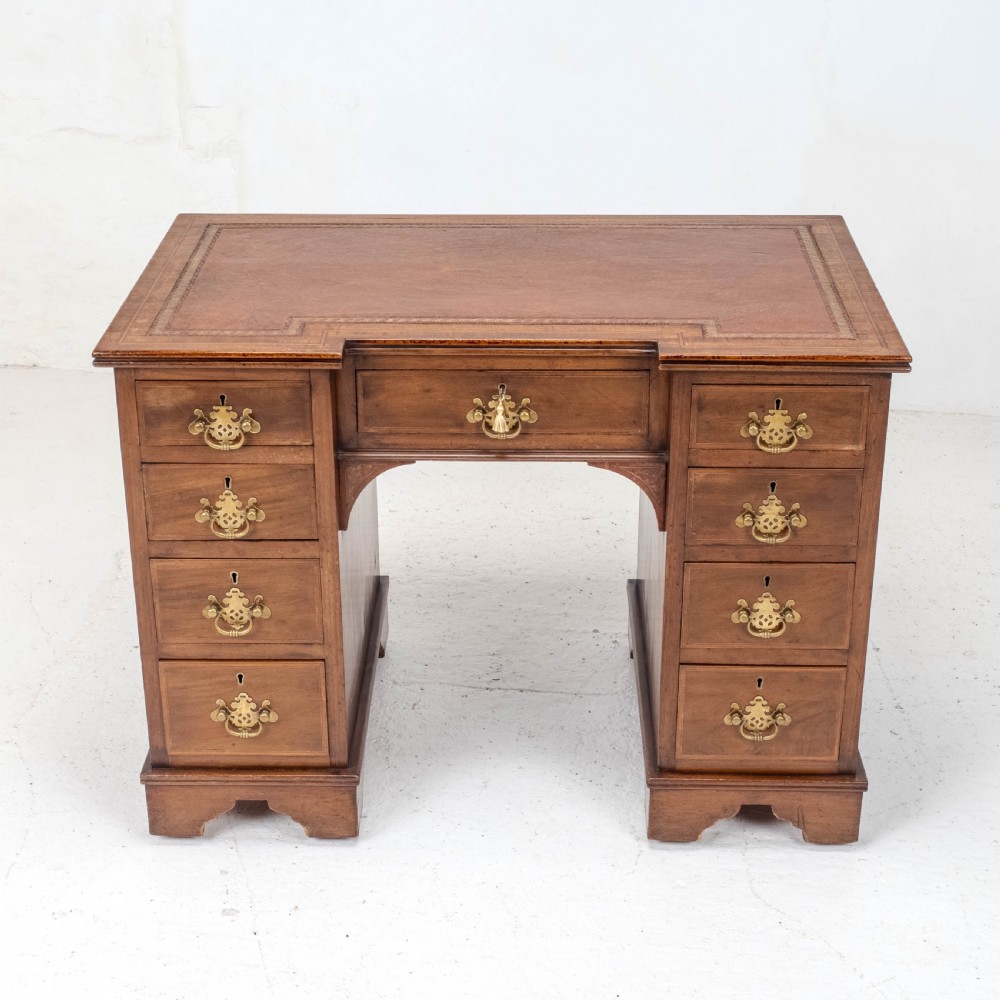 Edwardian Small Inverted Breakfront Mahogany Inlaid Leather Writing Desk C1905 View II