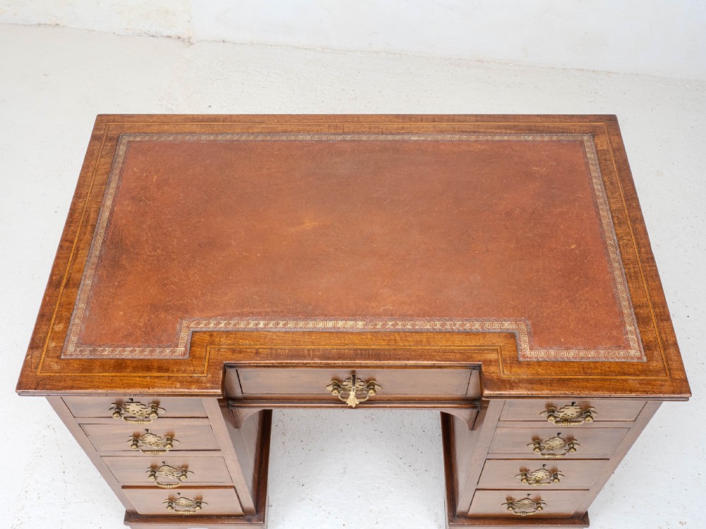 Edwardian Small Inverted Breakfront Mahogany Inlaid Leather Writing Desk C1905 View III