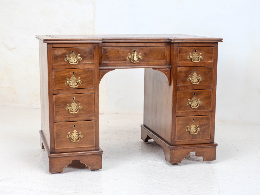Edwardian Small Inverted Breakfront Mahogany Inlaid Leather Writing Desk C1905 View IV