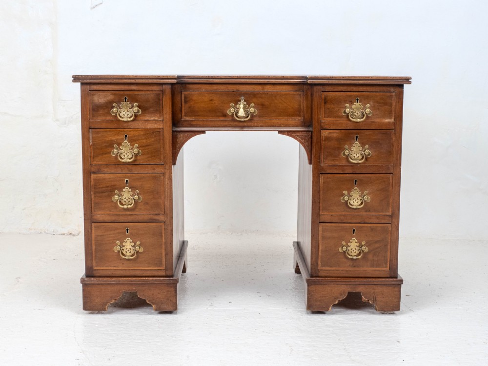Edwardian Small Inverted Breakfront Mahogany Inlaid Leather Writing Desk C1905 View V