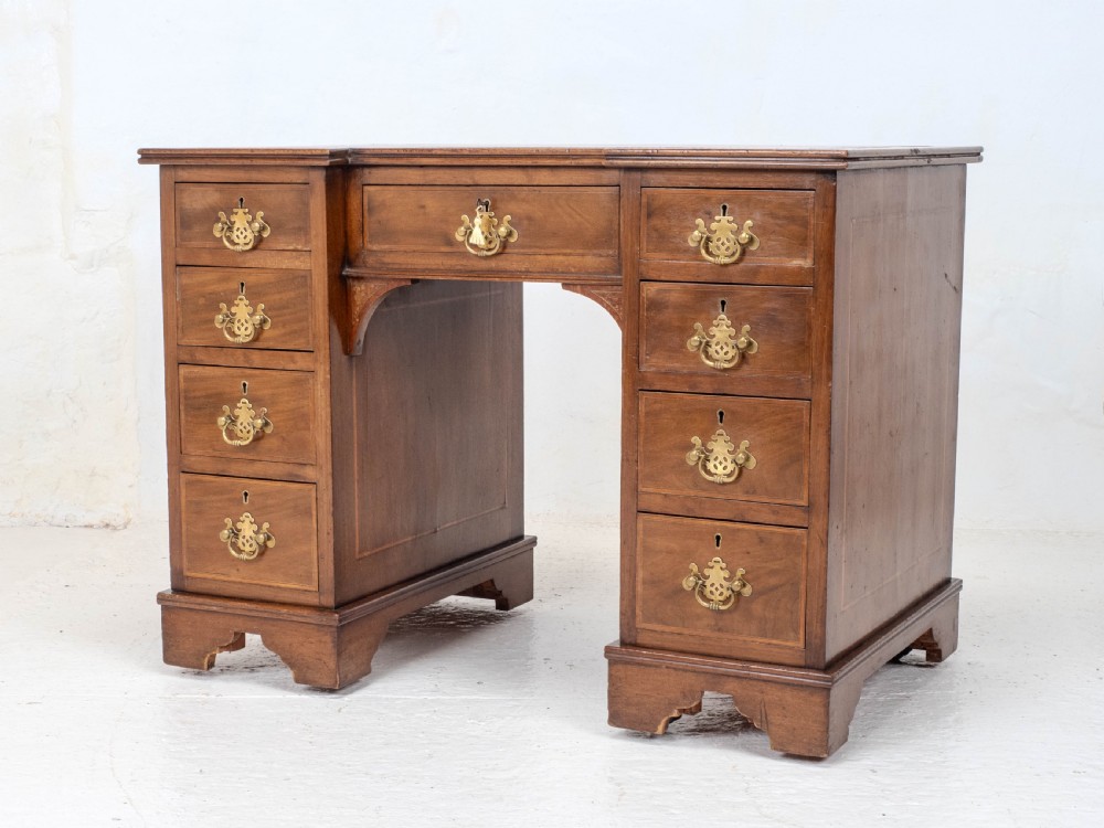 Edwardian Small Inverted Breakfront Mahogany Inlaid Leather Writing Desk C1905 View VI