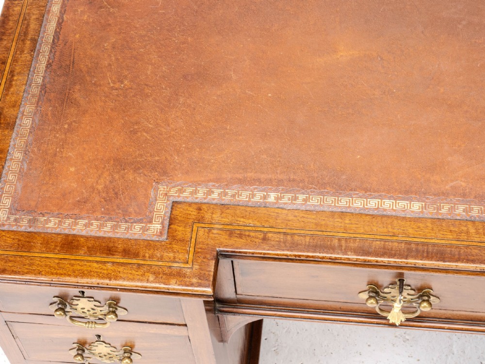 Edwardian Small Inverted Breakfront Mahogany Inlaid Leather Writing Desk C1905 View VII