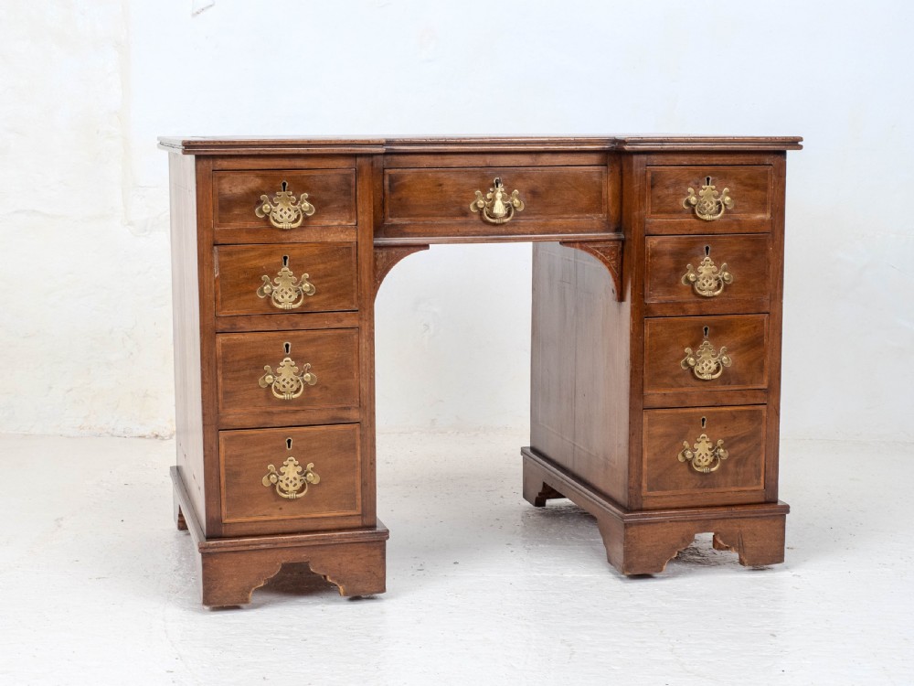 Edwardian Small Inverted Breakfront Mahogany Inlaid Leather Writing Desk C1905 View X