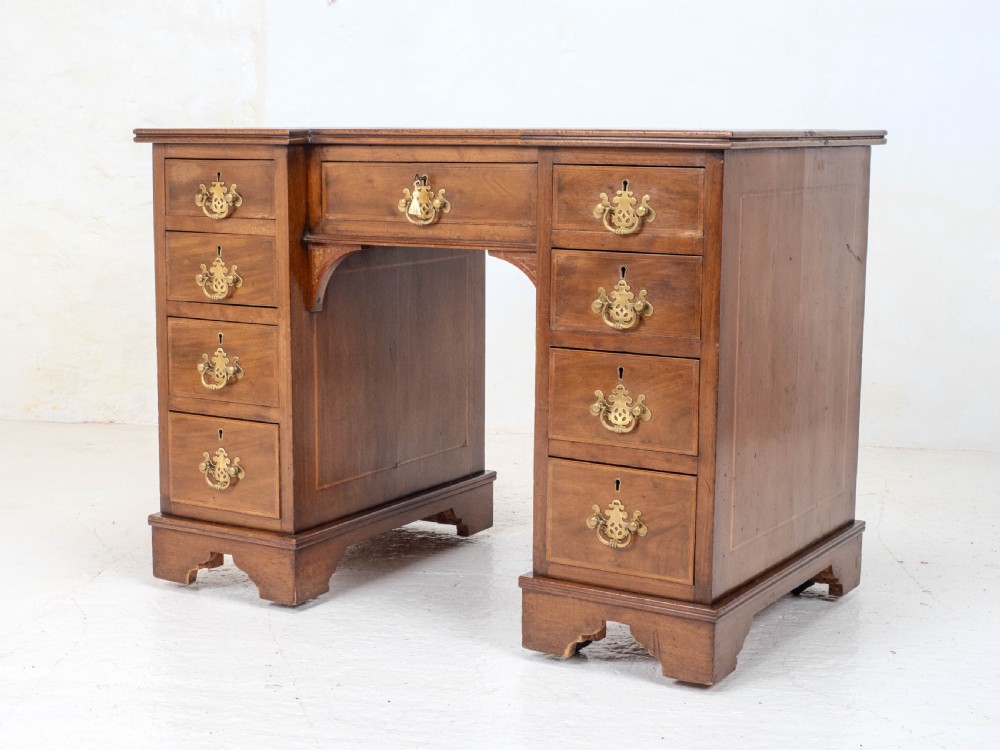 Edwardian Small Inverted Breakfront Mahogany Inlaid Leather Writing Desk C1905 View XI