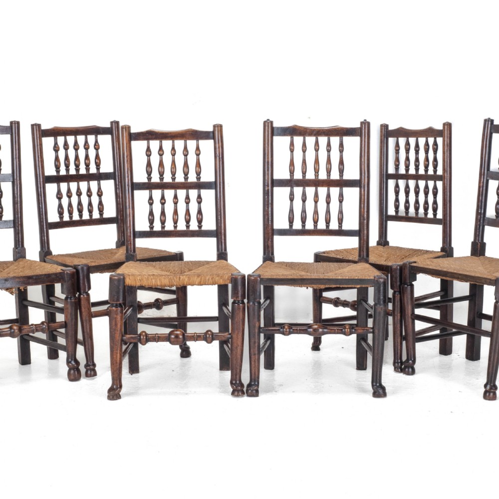 C19th Matched Set of 6 Elm & Ash Lancashire Rush Seat Country Dining Chairs