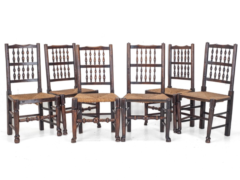 C19th Matched Set of 6 Elm & Ash Lancashire Rush Seat Country Dining Chairs View II