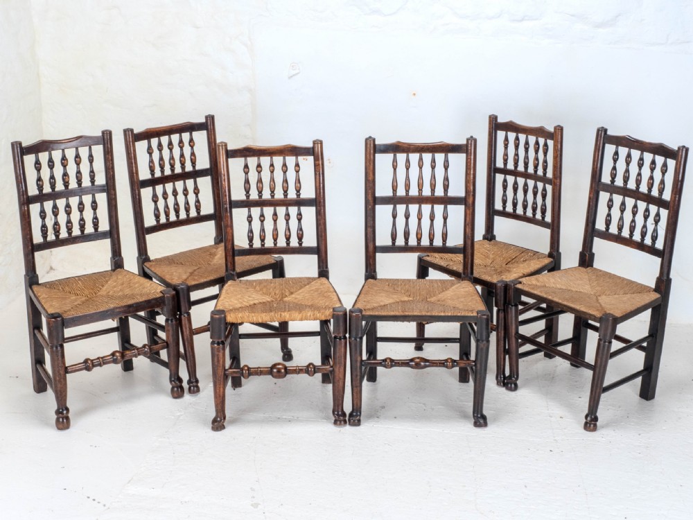 C19th Matched Set of 6 Elm & Ash Lancashire Rush Seat Country Dining Chairs View III