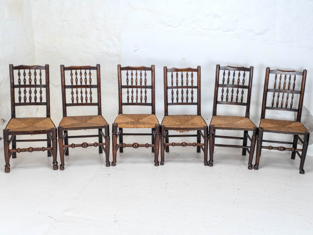 C19th Matched Set of 6 Elm & Ash Lancashire Rush Seat Country Dining Chairs View IV