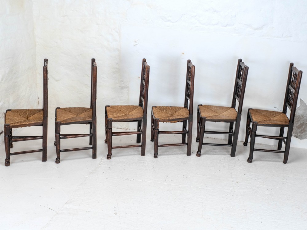 C19th Matched Set of 6 Elm & Ash Lancashire Rush Seat Country Dining Chairs View V