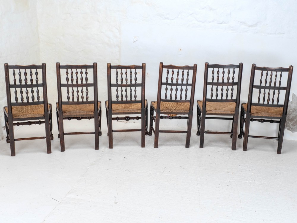 C19th Matched Set of 6 Elm & Ash Lancashire Rush Seat Country Dining Chairs View VI