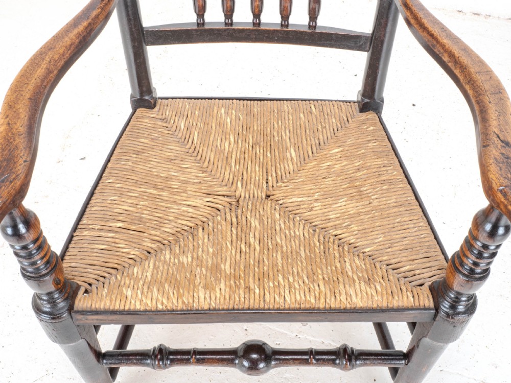 C19th Elm & Ash Lancashire Rush Seat Country Carver Armchair View X