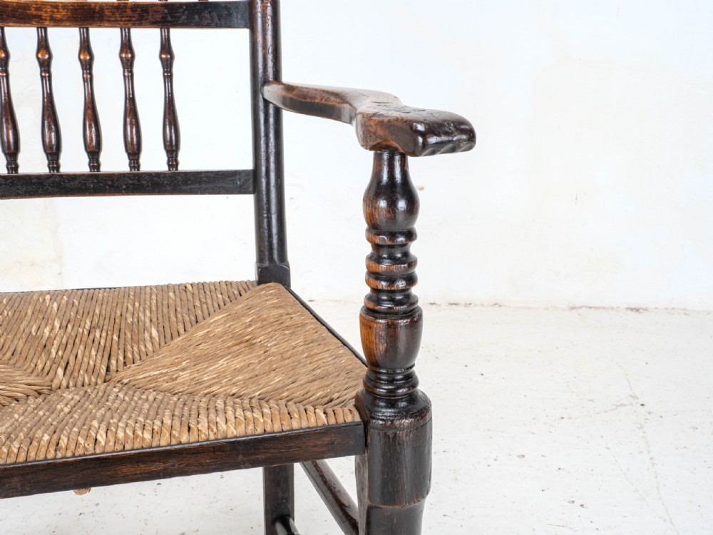 C19th Elm & Ash Lancashire Rush Seat Country Carver Armchair View XII