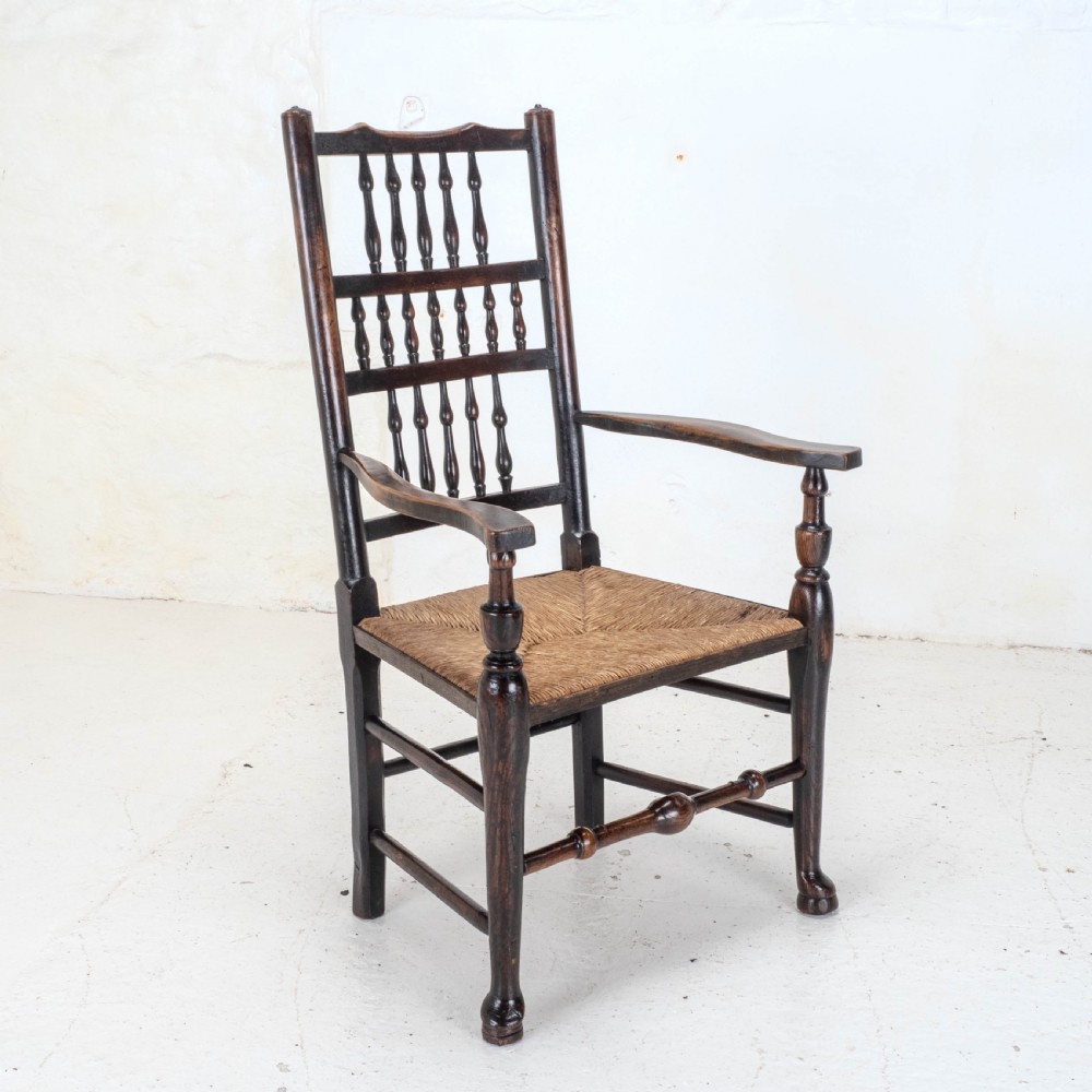 C19th Elm Ash & Beech Lancashire Rush Seat Country Carver Armchair