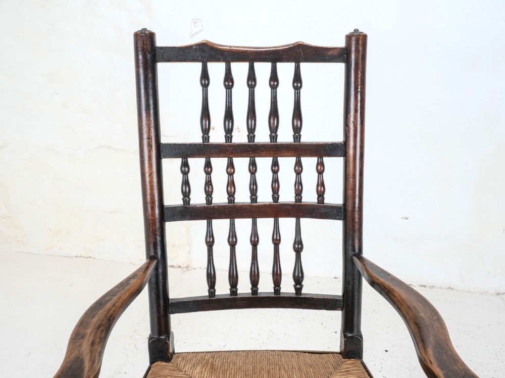 C19th Elm Ash & Beech Lancashire Rush Seat Country Carver Armchair View VIII