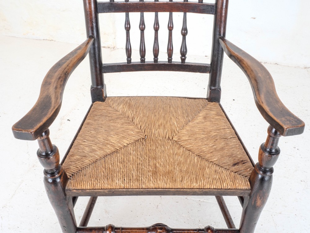 C19th Elm Ash & Beech Lancashire Rush Seat Country Carver Armchair View IX