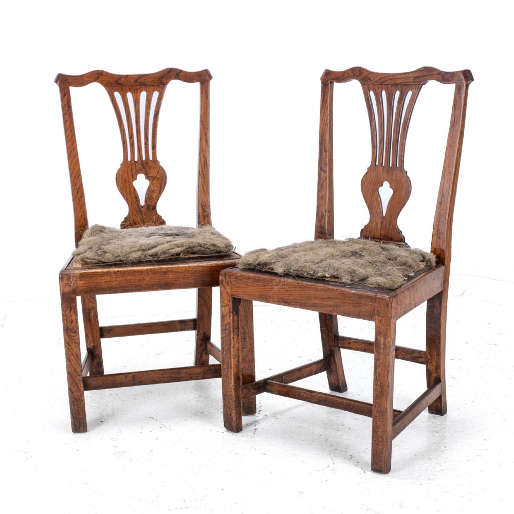 Pair of Georgian C18th Chippendale Country Elm Upholstered Dining / Side Chairs