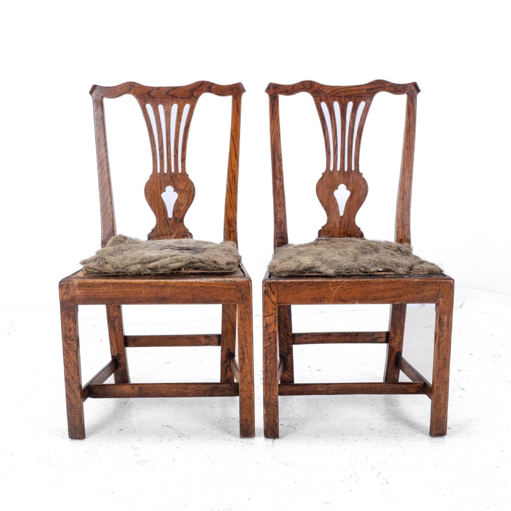 Pair of Georgian C18th Chippendale Country Elm Upholstered Dining / Side Chairs View II
