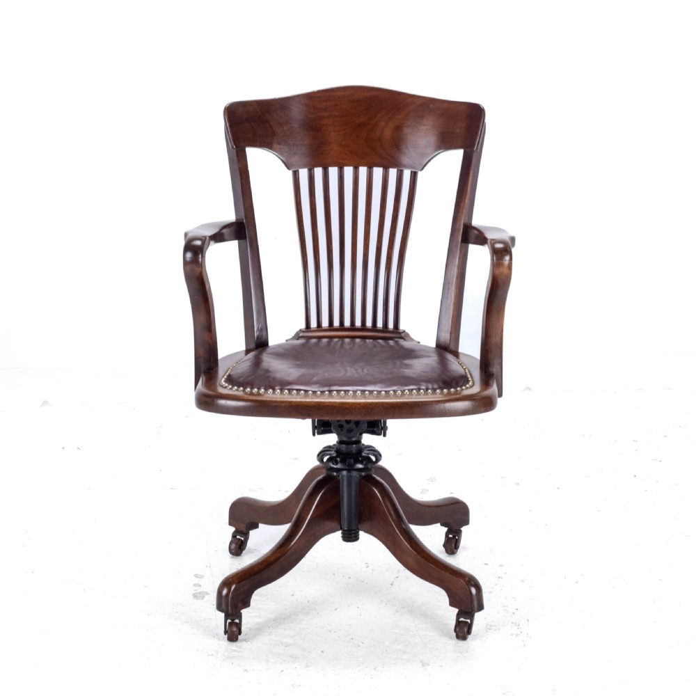 1920's Adjustable, Swivel, Mahogany & Leather Desk Armchair (Chair) View II