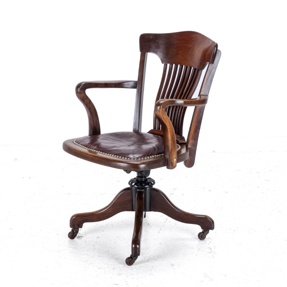 1920's Adjustable, Swivel, Mahogany & Leather Desk Armchair (Chair) View III