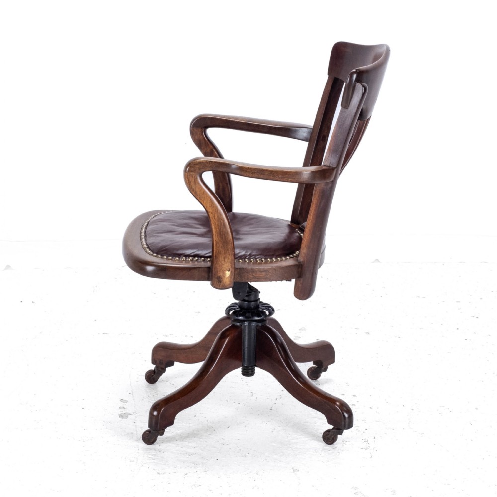 1920's Adjustable, Swivel, Mahogany & Leather Desk Armchair (Chair) View IV