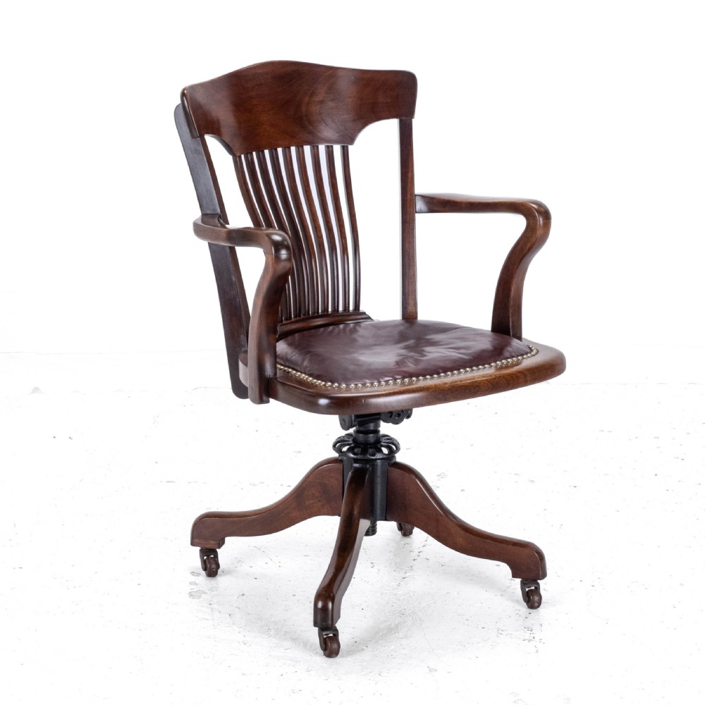 1920's Adjustable, Swivel, Mahogany & Leather Desk Armchair (Chair) View VII
