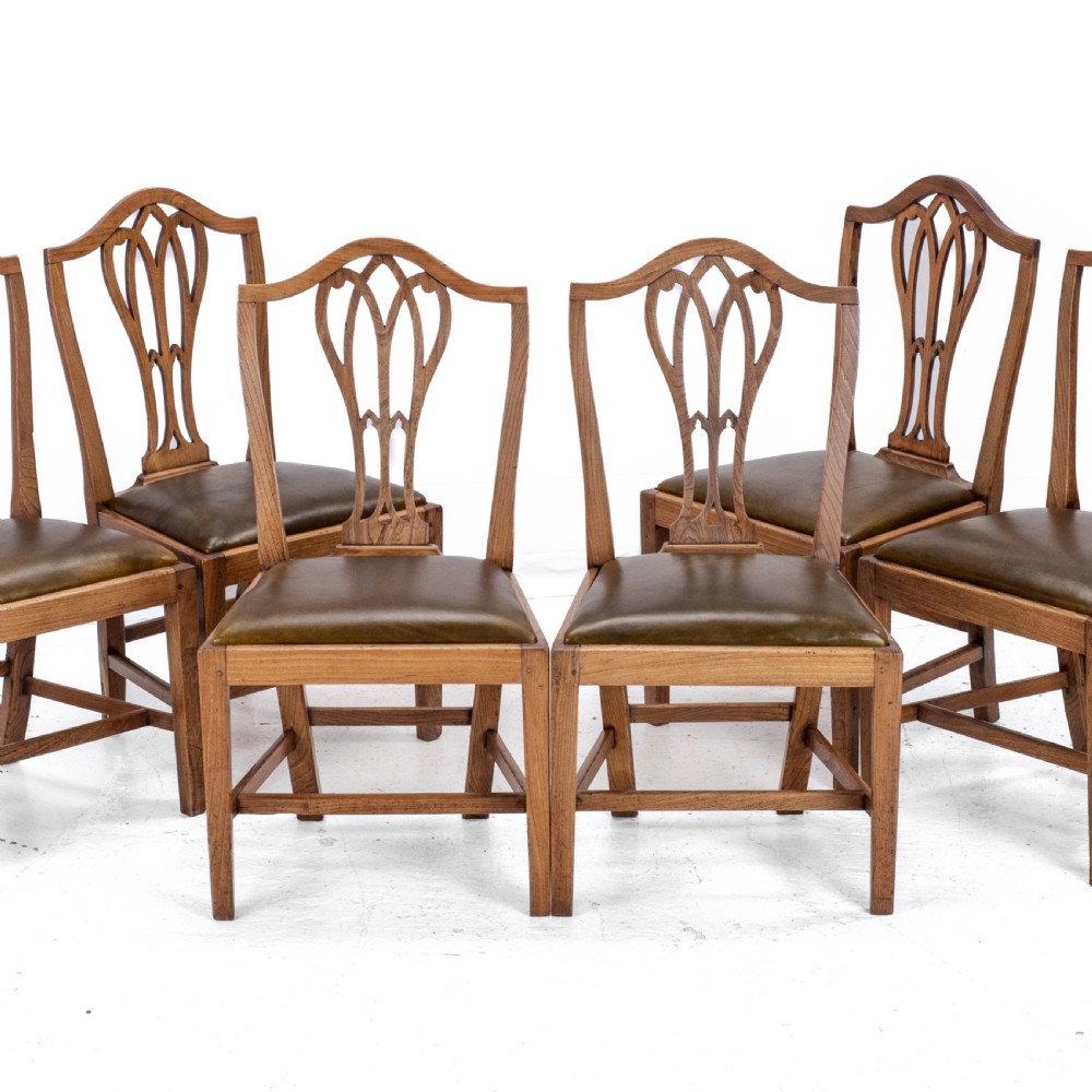 C.18th Elm Hepplewhite Set of 6 Country Dining Chairs with Leather Upholstery (Georgian, George III)