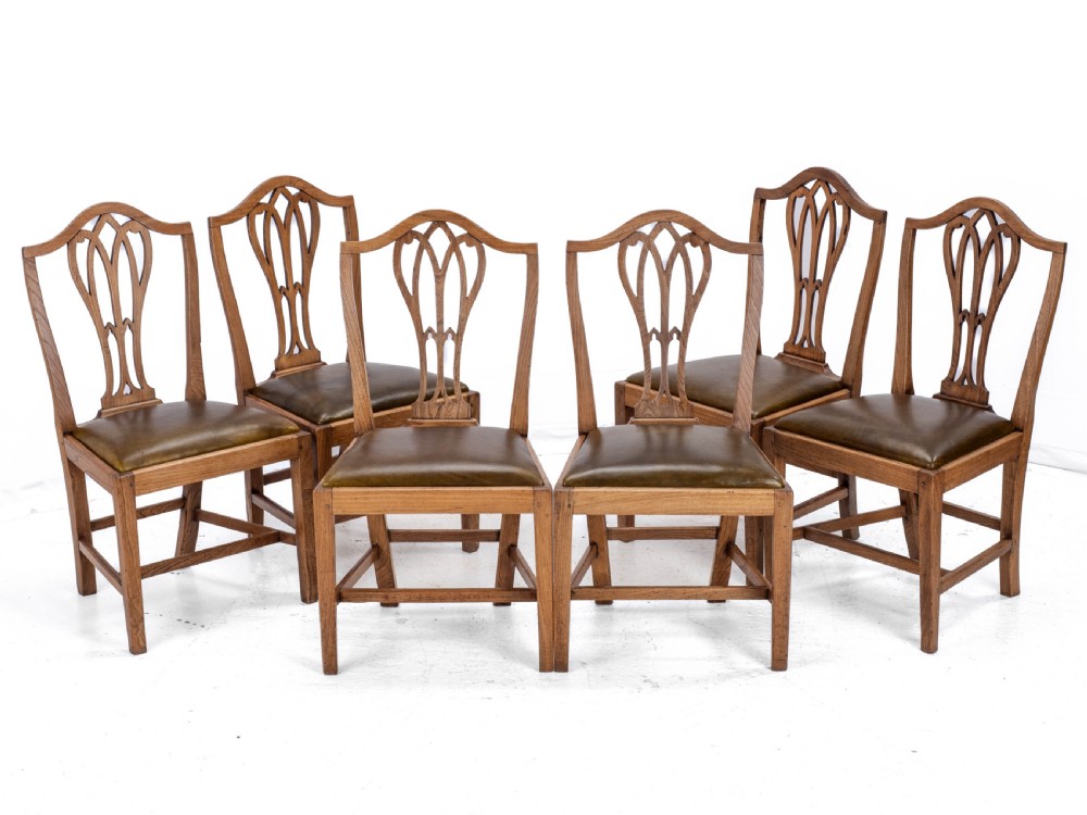 C.18th Elm Hepplewhite Set of 6 Country Dining Chairs with Leather Upholstery (Georgian, George III) View II
