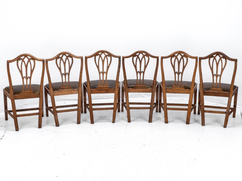 C.18th Elm Hepplewhite Set of 6 Country Dining Chairs with Leather Upholstery (Georgian, George III) View IV