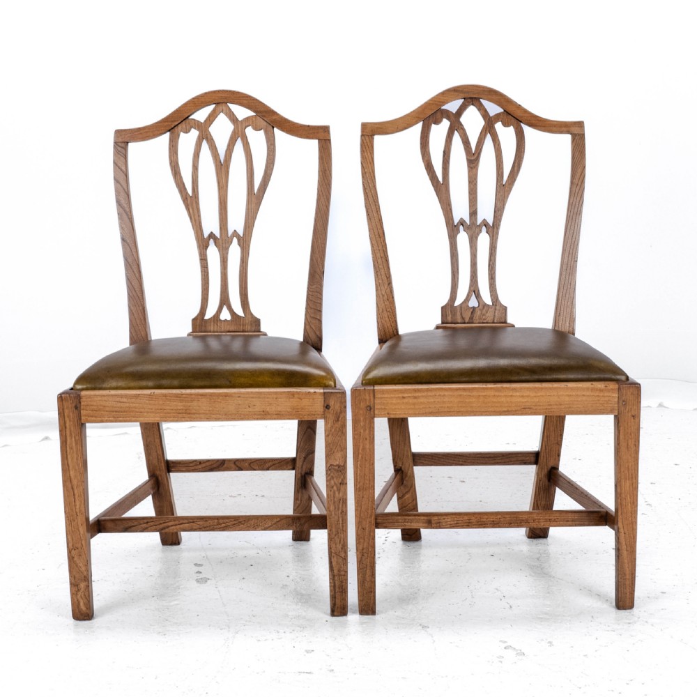 C.18th Elm Hepplewhite Set of 6 Country Dining Chairs with Leather Upholstery (Georgian, George III) View V