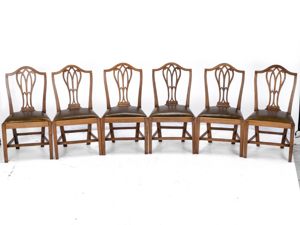 C.18th Elm Hepplewhite Set of 6 Country Dining Chairs with Leather Upholstery (Georgian, George III) View VII
