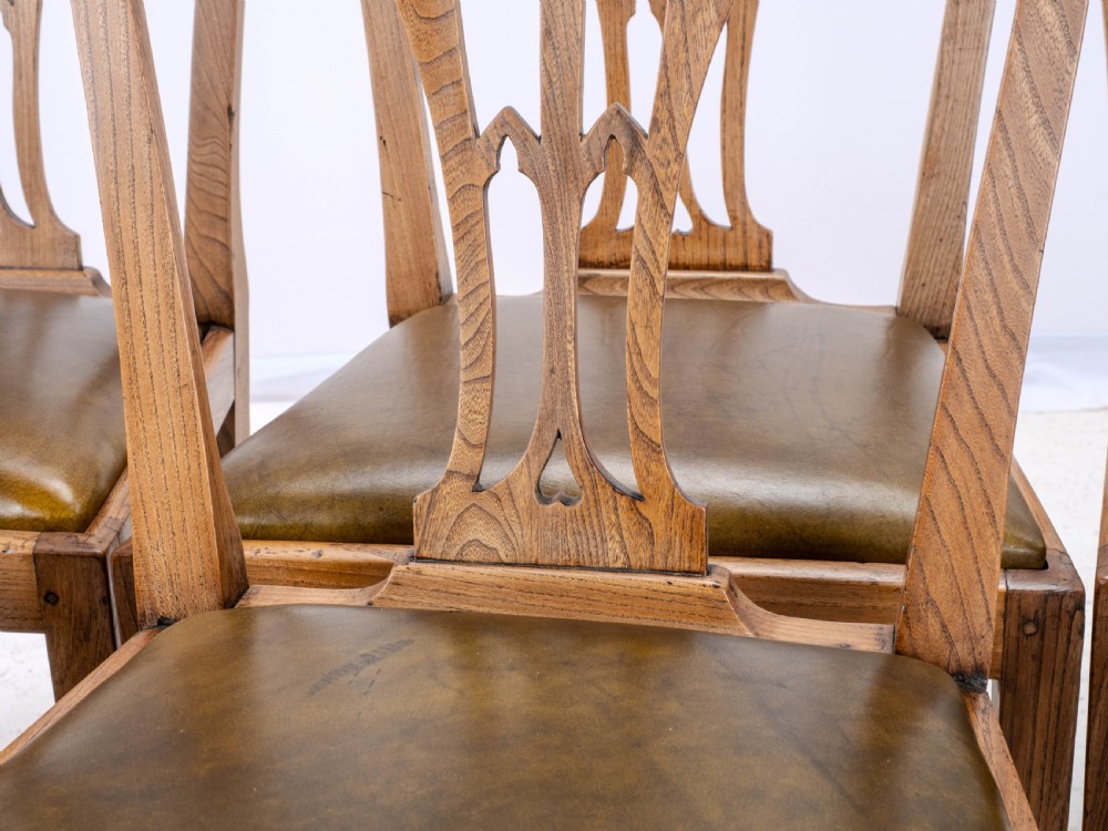 C.18th Elm Hepplewhite Set of 6 Country Dining Chairs with Leather Upholstery (Georgian, George III) View XII