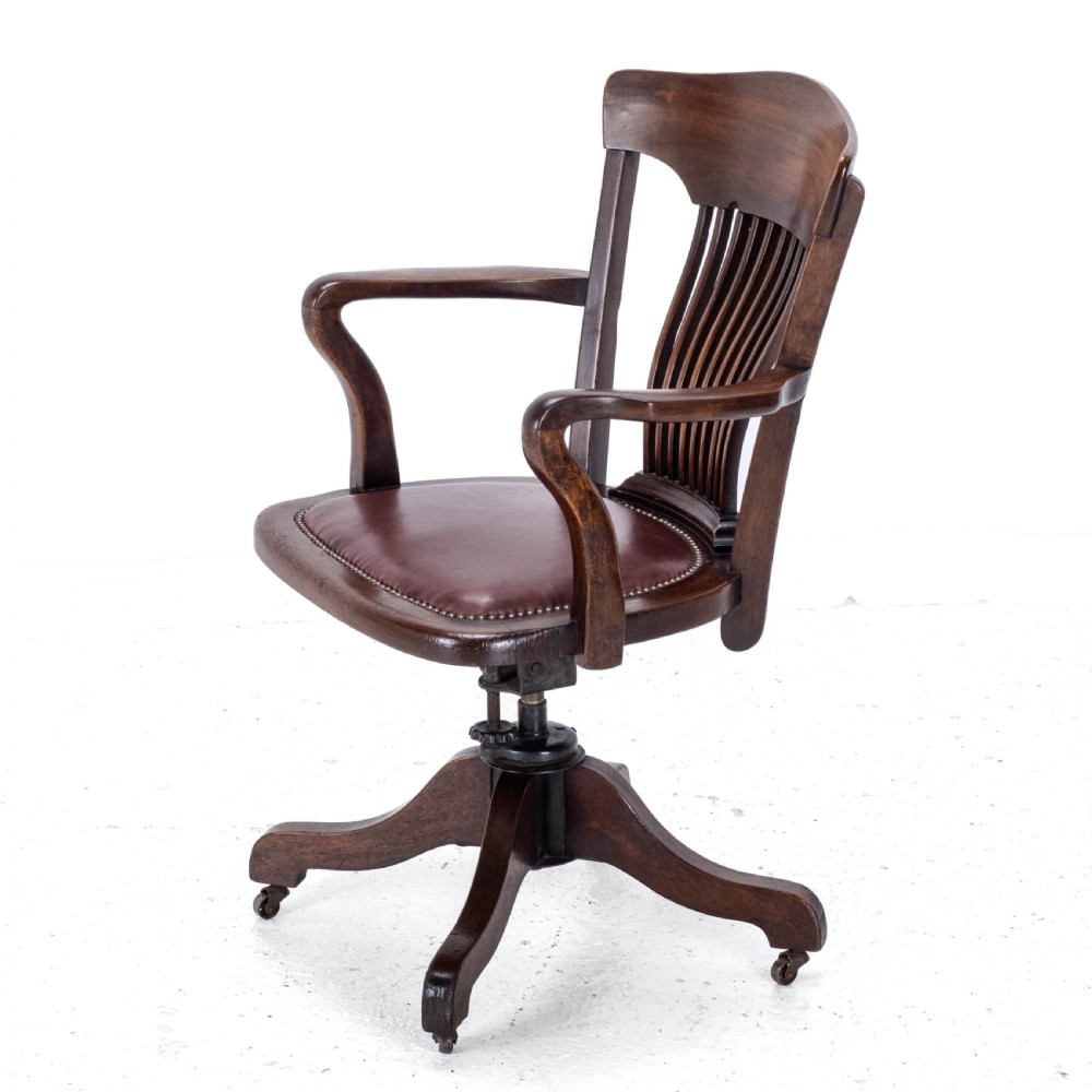 C1920s Mahogany Leather Upholstered Swivel Adjustable Desk Armchair View II