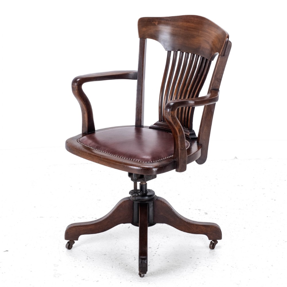 C1920s Mahogany Leather Upholstered Swivel Adjustable Desk Armchair View III