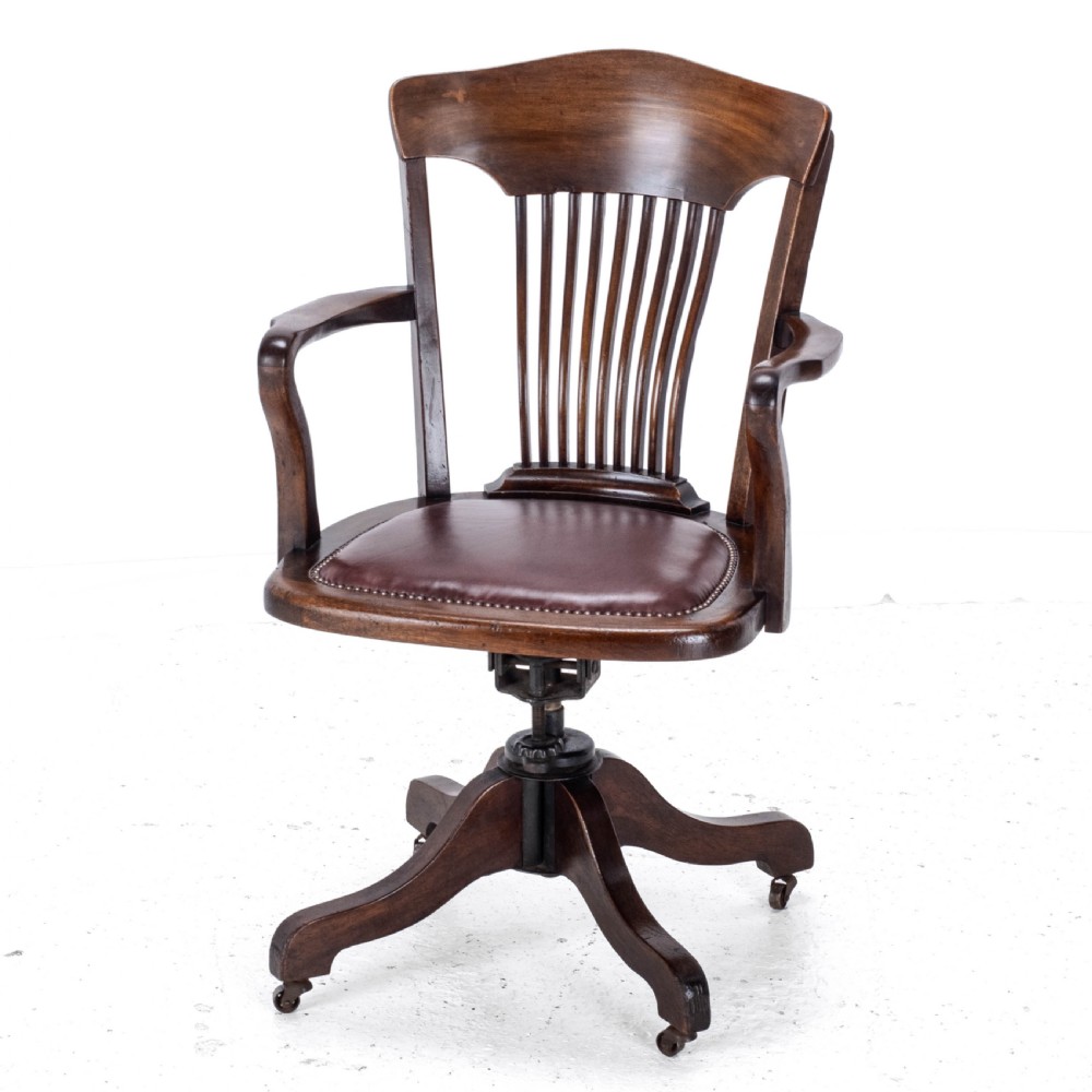C1920s Mahogany Leather Upholstered Swivel Adjustable Desk Armchair View IV