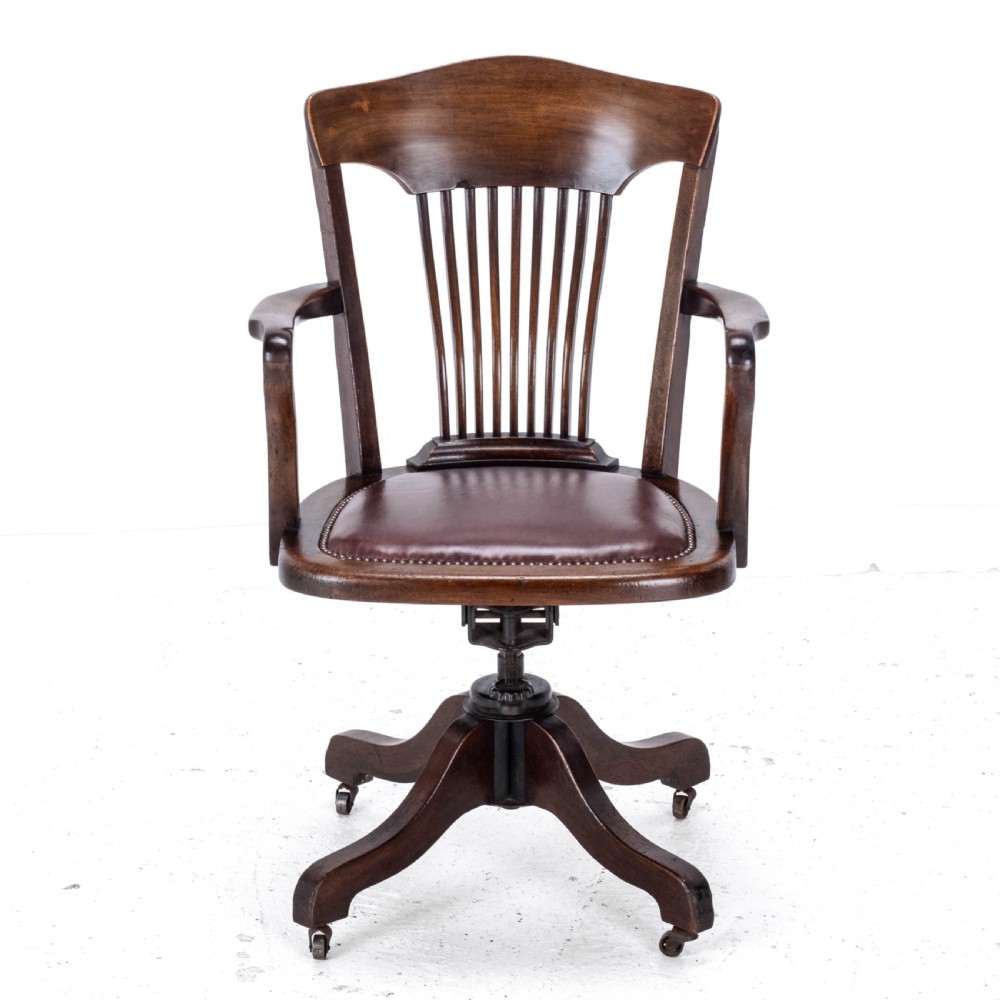 C1920s Mahogany Leather Upholstered Swivel Adjustable Desk Armchair View V