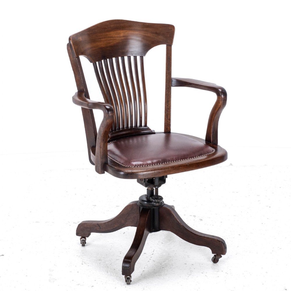 C1920s Mahogany Leather Upholstered Swivel Adjustable Desk Armchair View VI