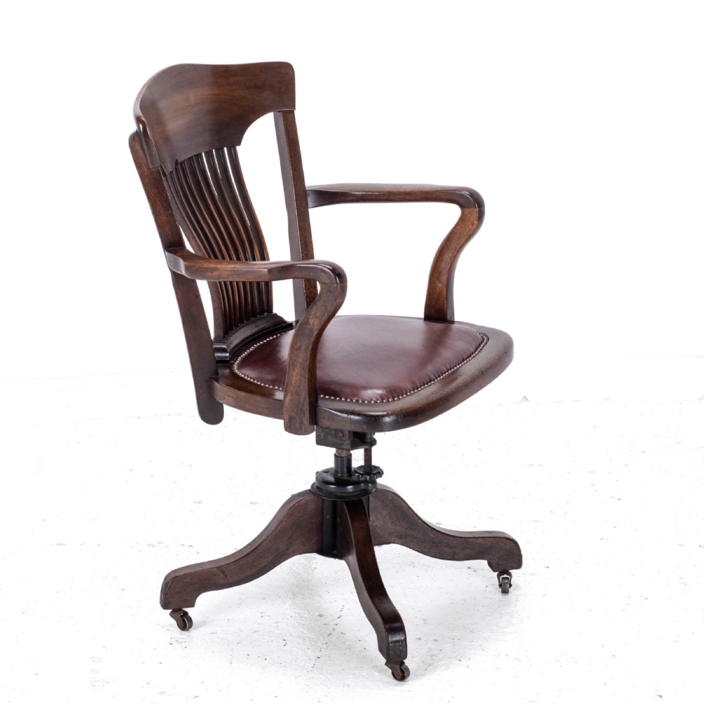 C1920s Mahogany Leather Upholstered Swivel Adjustable Desk Armchair View VII