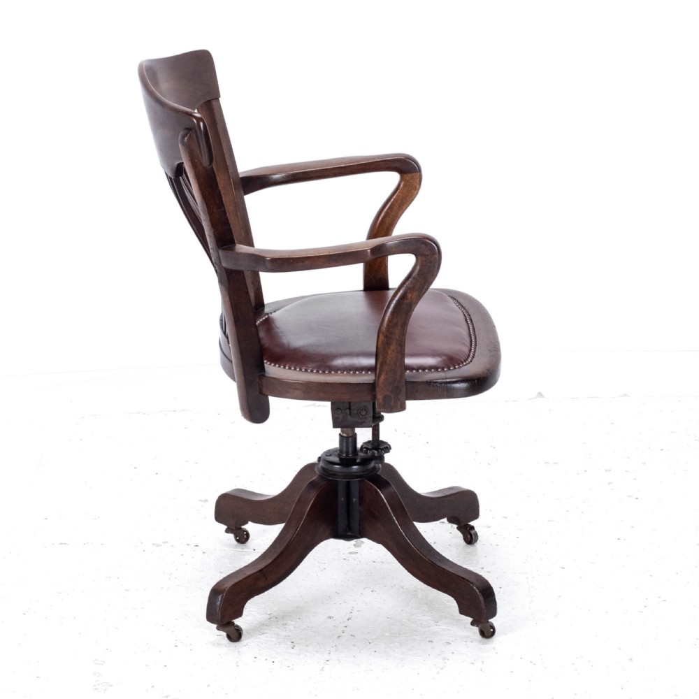 C1920s Mahogany Leather Upholstered Swivel Adjustable Desk Armchair View VIII