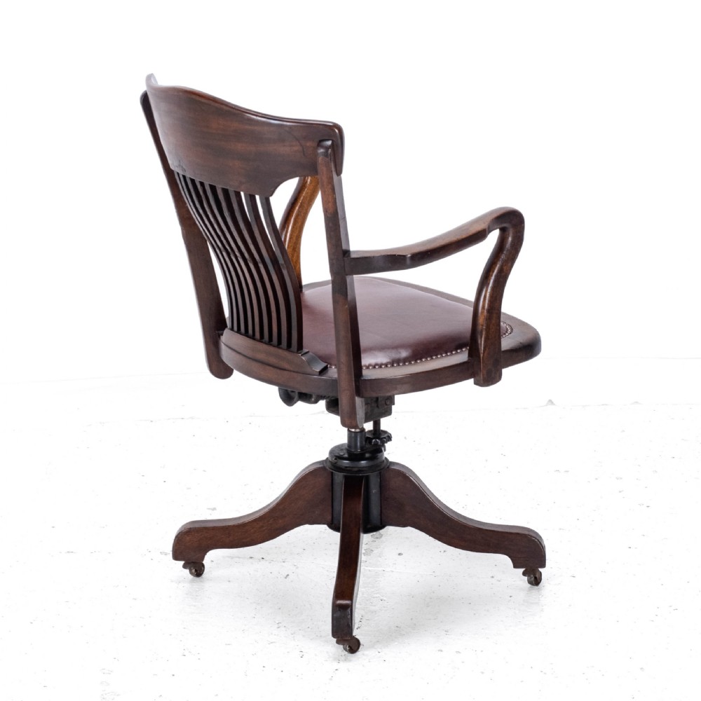 C1920s Mahogany Leather Upholstered Swivel Adjustable Desk Armchair View IX