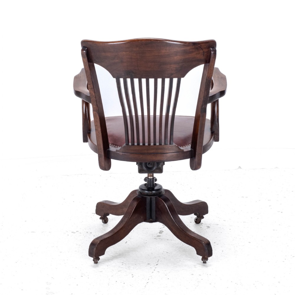 C1920s Mahogany Leather Upholstered Swivel Adjustable Desk Armchair View X