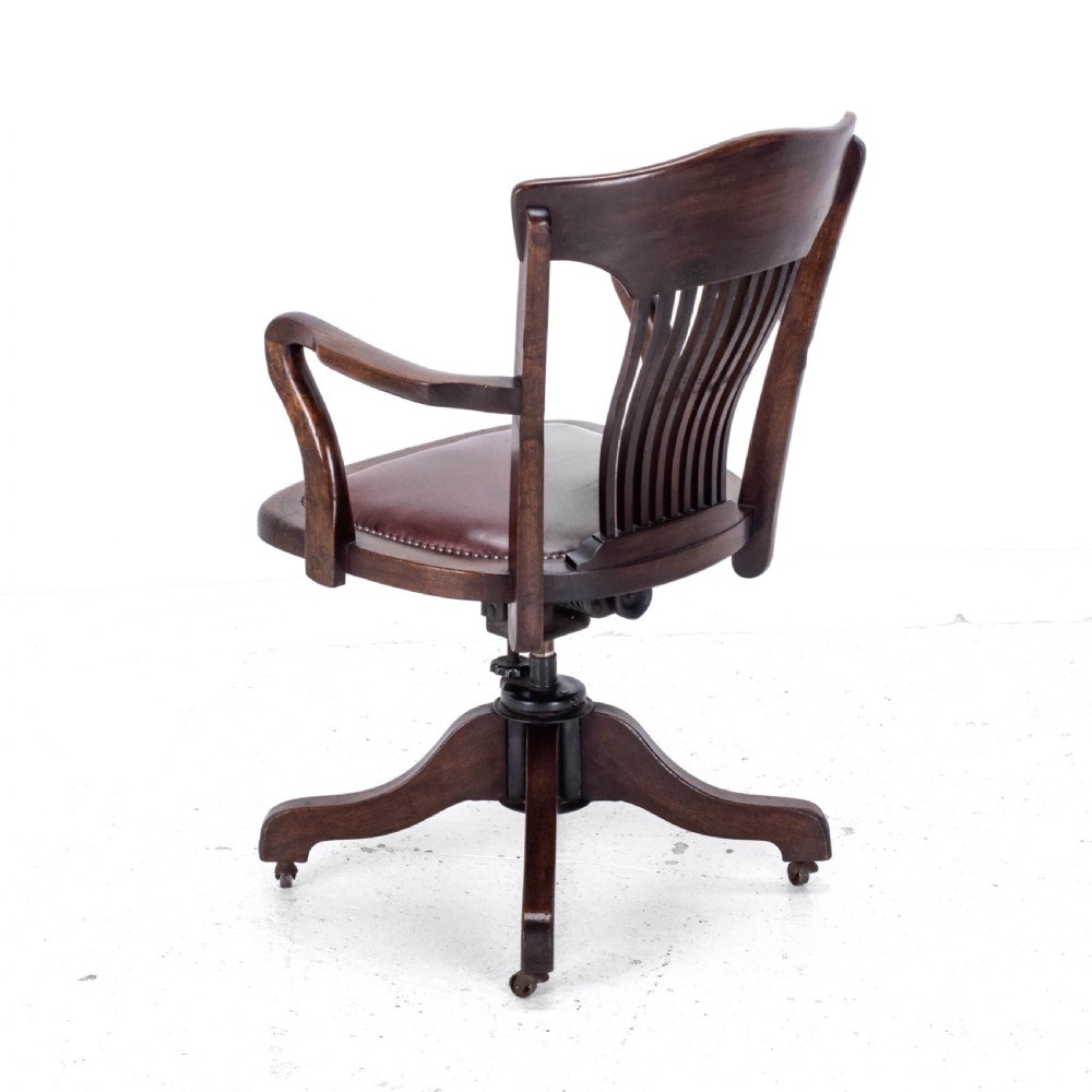 C1920s Mahogany Leather Upholstered Swivel Adjustable Desk Armchair View XI