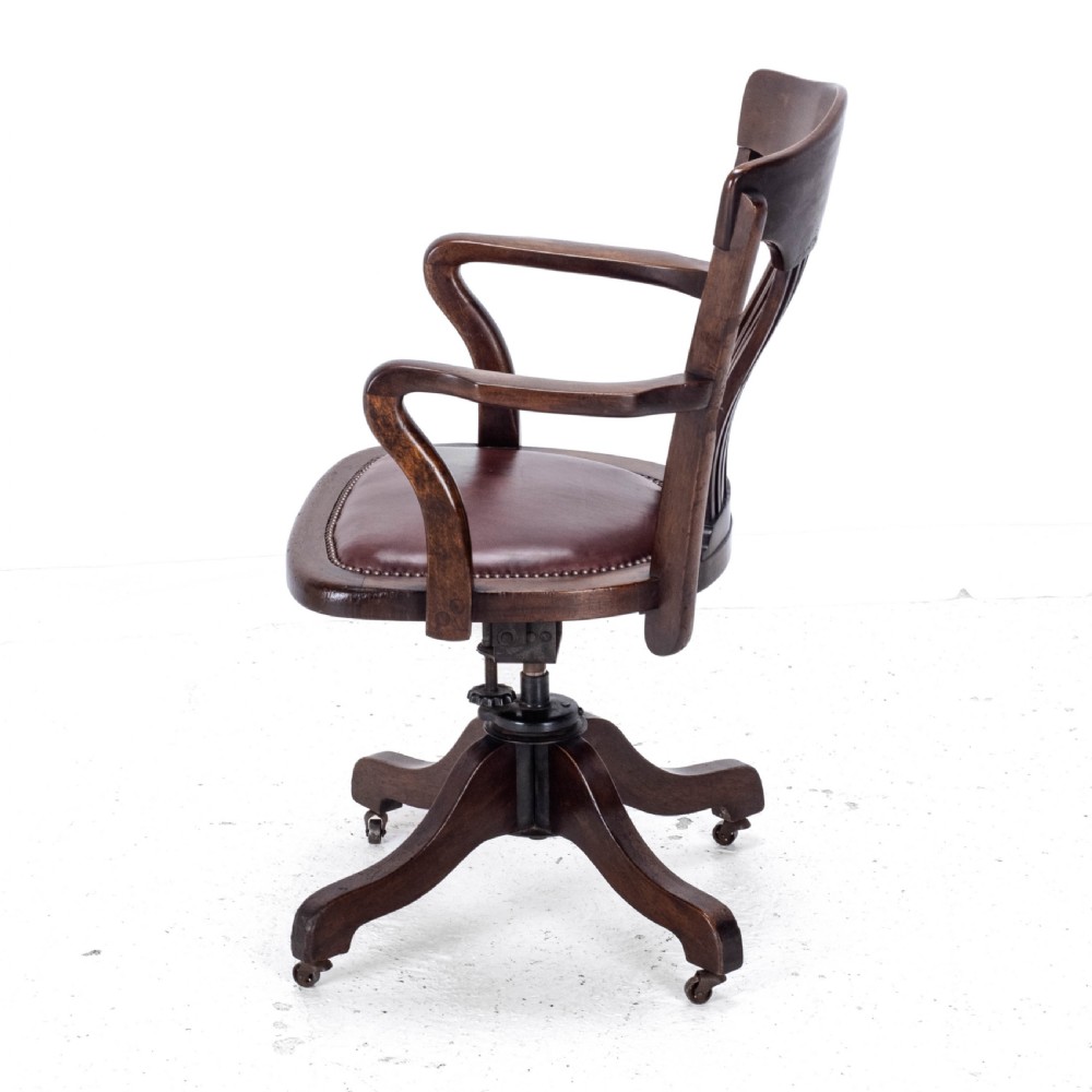 C1920s Mahogany Leather Upholstered Swivel Adjustable Desk Armchair View XII